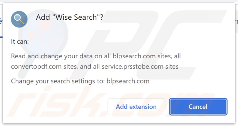 Wise Search browser hijacker asking for permissions