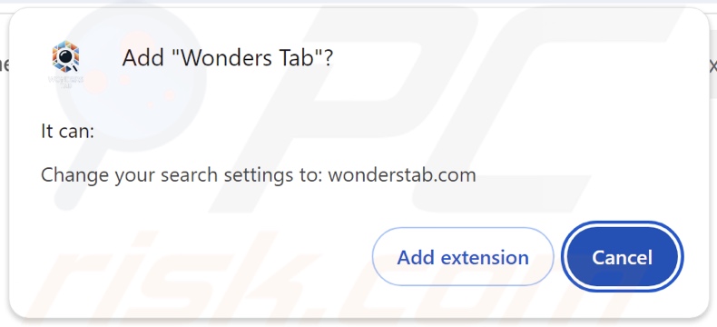 Wonders Tab browser hijacker asking for permissions
