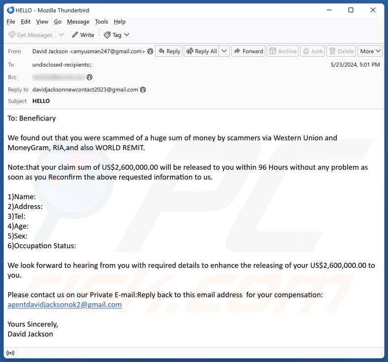 You Were Scammed A Huge Sum Of Money email spam campaign