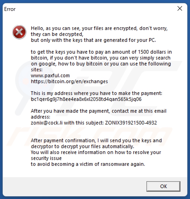 Zonix ransomware ransom note (pop-up)