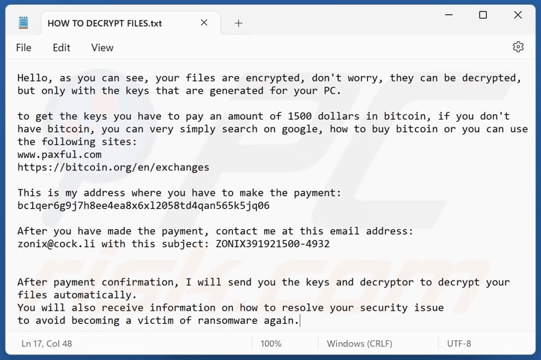 Zonix ransomware text file (HOW TO DECRYPT FILES.txt)