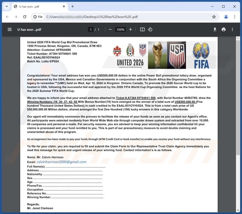 2026 FIFA World Cup Lottery email scam attachment