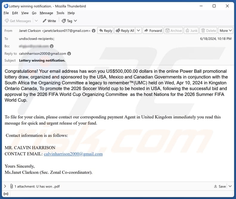 2026 FIFA World Cup Lottery email spam campaign