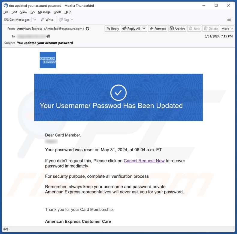 American Express - Username/Password Has Been Updated email spam campaign