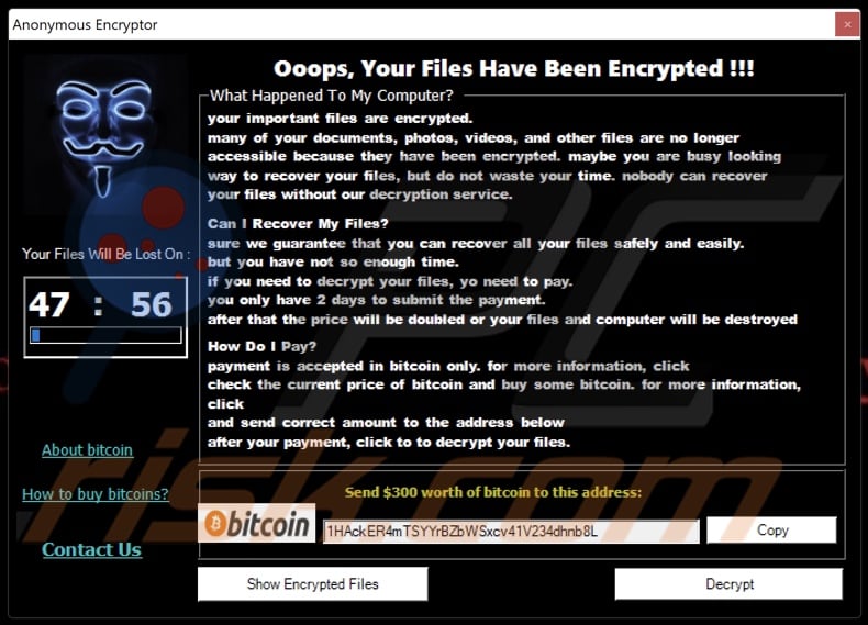 Anonymous Encryptor ransomware ransom note (pop-up)
