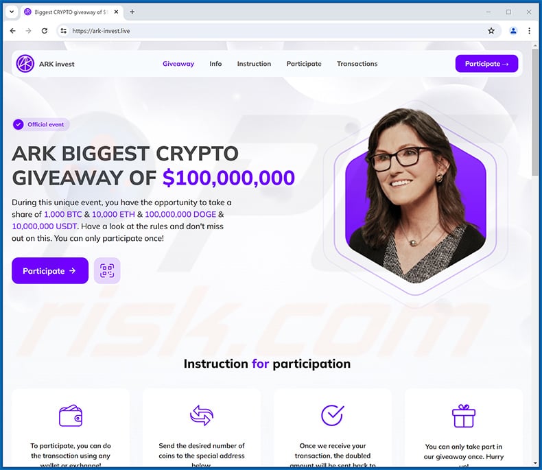 ARK Invest Crypto Giveaway scam - ark-invest[.]live