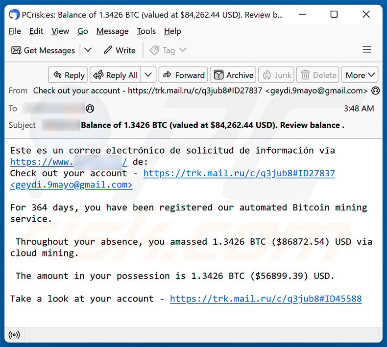 Spam email promoting Bitcoin Mining scam (2024-06-21)