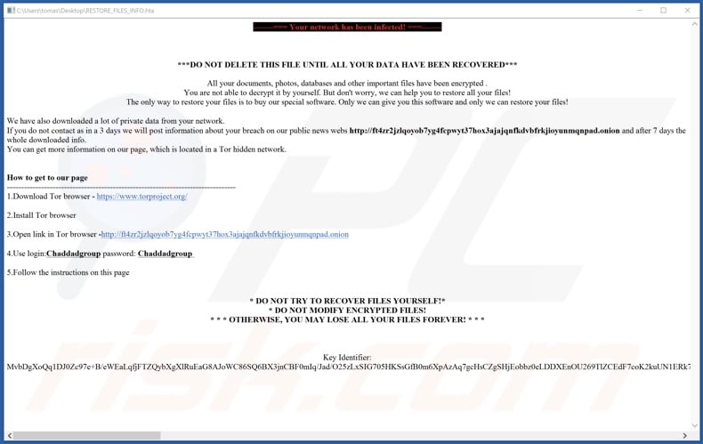Chaddad ransomware ransom note (RESTORE_FILES_INFO.hta)