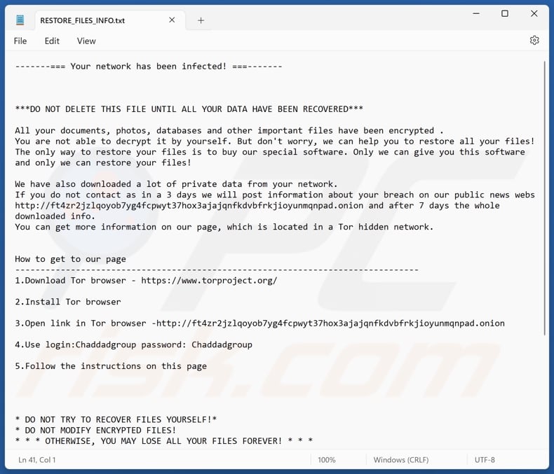 Chaddad ransomware text file (RESTORE_FILES_INFO.txt)