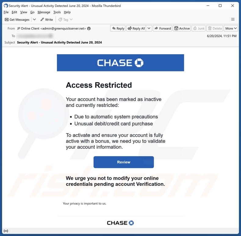 Chase - Access Restricted email spam campaign