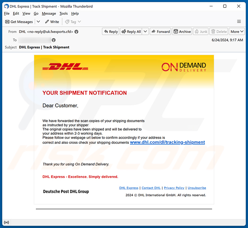 DHL Shipment Notification email scam (2024-06-26)