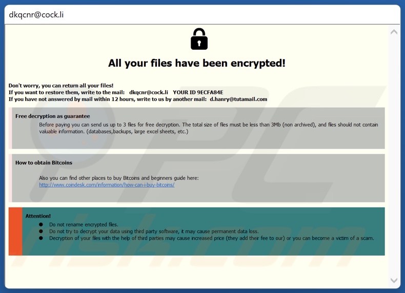 Dkq ransomware ransom note (pop-up)