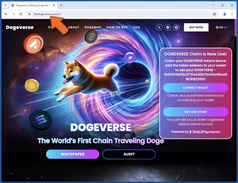 Appearance of the real Dogeverse website (thedogeverse[.]com)