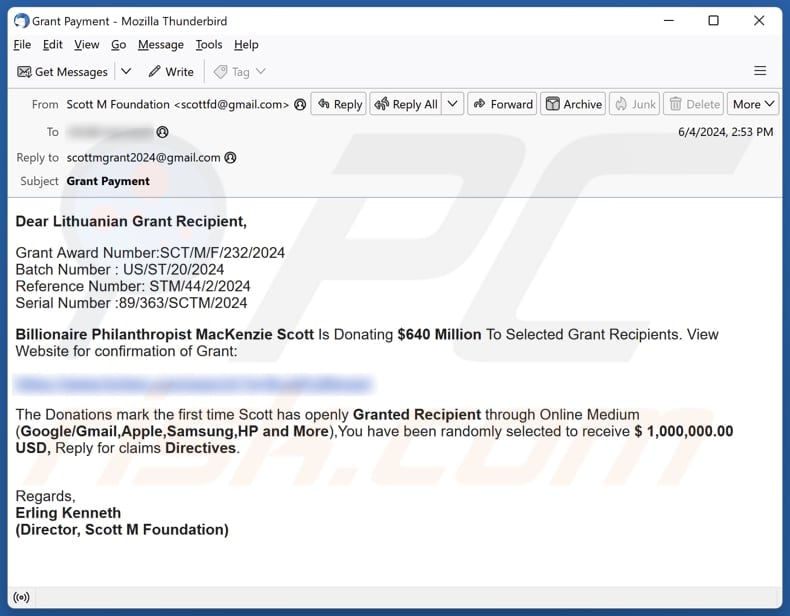 Donation To Selected Grant Recipients email spam campaign
