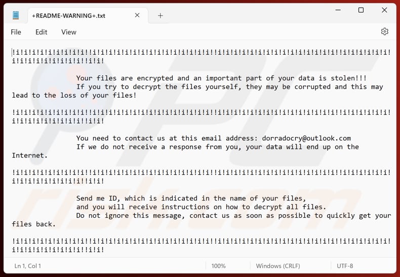 DORRA ransomware text file (+README-WARNING+.txt)