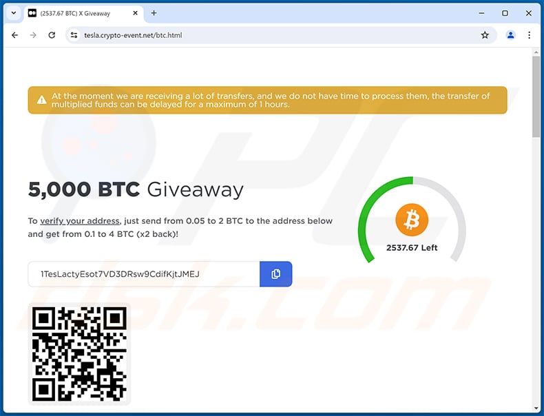 Elon Musk-themed Bitcoin giveaway scam website (tesla.crypto-event.net)