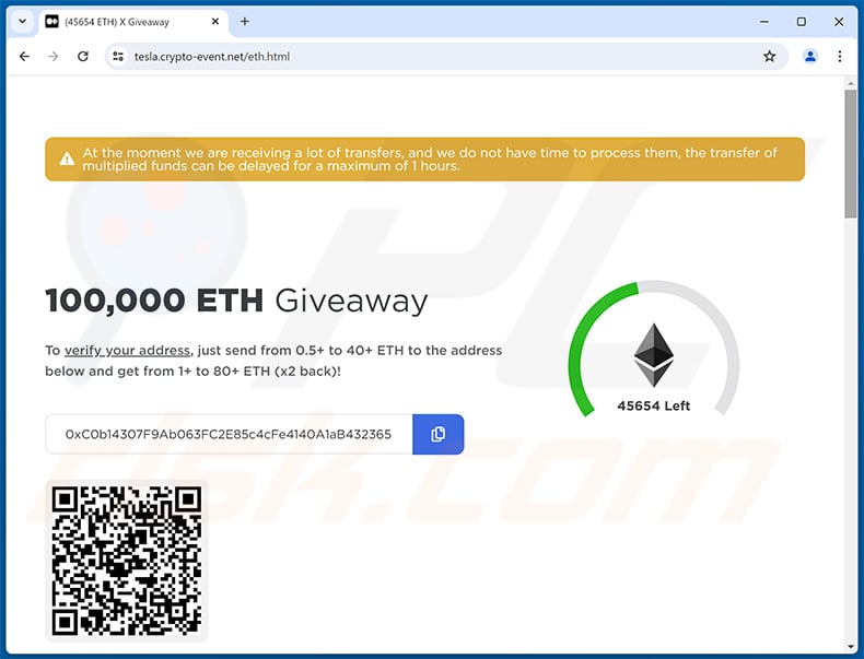Elon Musk-themed Ethereum giveaway scam website (tesla.crypto-event.net)