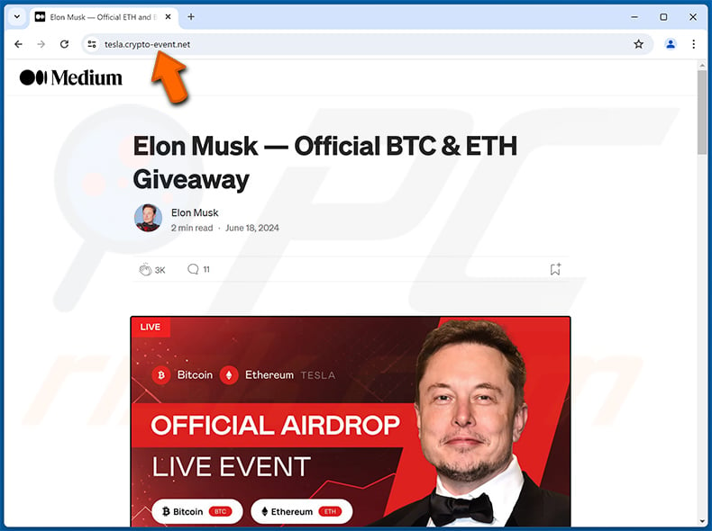 Fake Medium article promoting Elon Musk-themed crypto giveaway scam