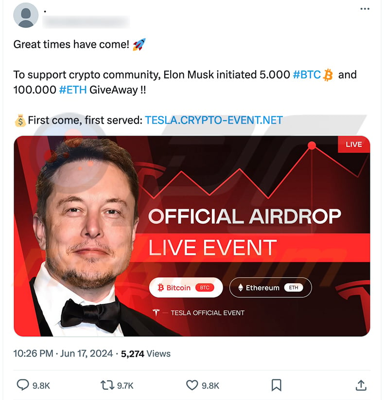 X (Twitter) post promoting Elon Musk-themed crypto giveaway scam