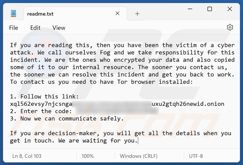 Fog ransomware text file (readme.txt)