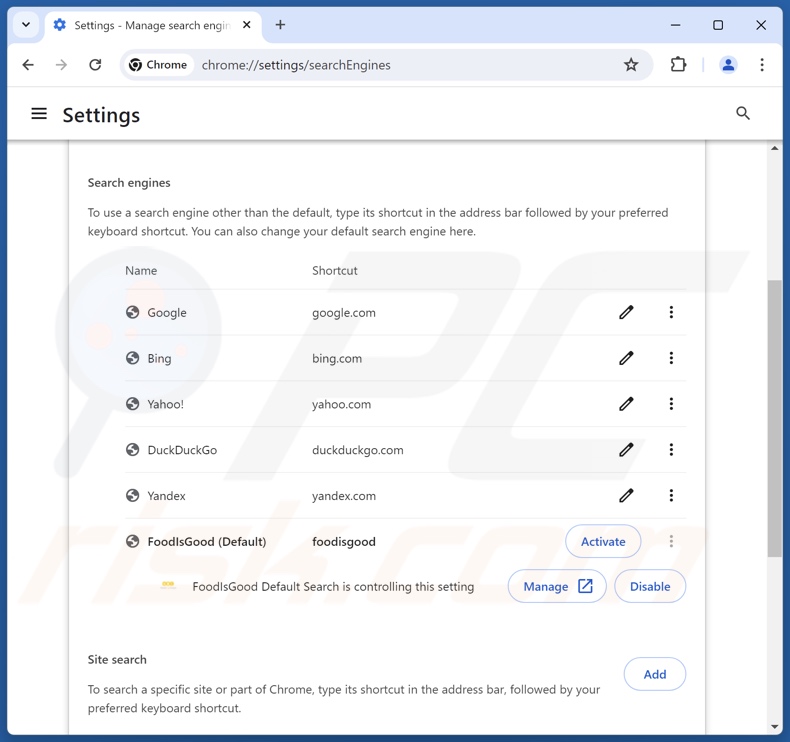 Removing foodisgood.xyz from Google Chrome default search engine