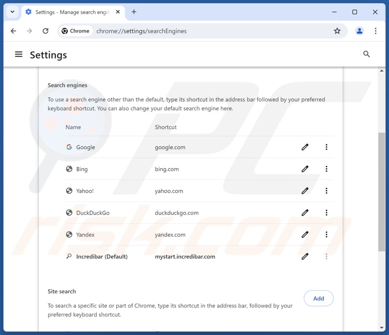 Removing mystart.incredibar.com from Google Chrome default search engine