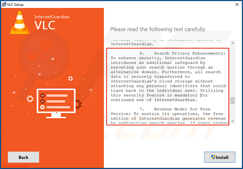 Deceptive VLC Media Player installer spreading InternetGuardian unwanted application (sample 2)
