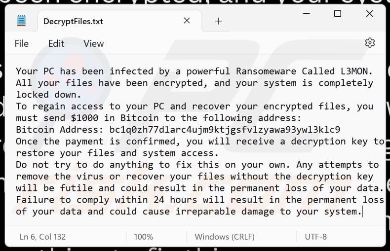 L3MON ransomware text file (DecryptFiles.txt)