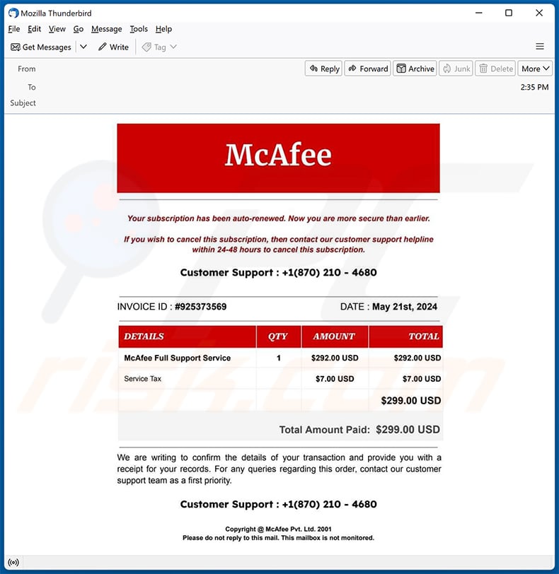 McAfee Has Successfully Renewed Your Membership email scam (2024-06-10)