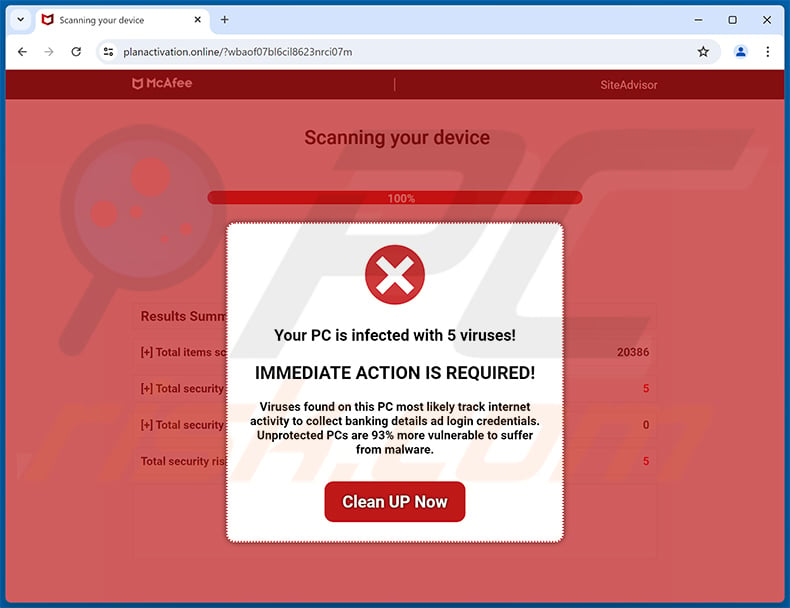 McAfee - Your PC is infected with 5 viruses! pop-up scam (2024-06-27)