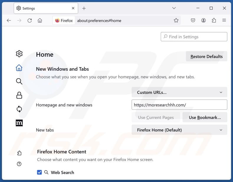 Removing moresearchhh.com from Mozilla Firefox homepage