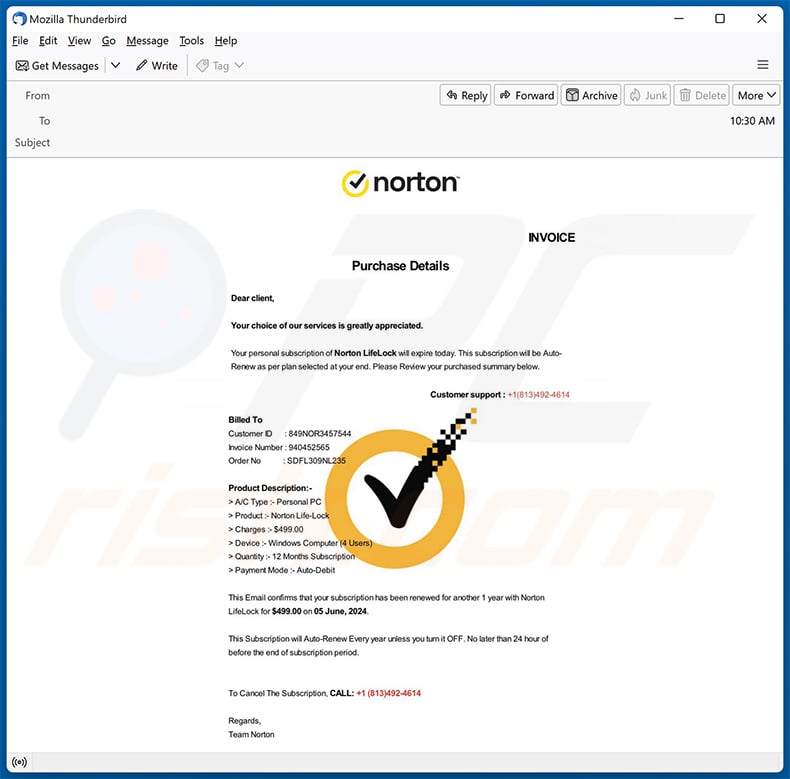 Norton Subscription Will Renew Today email scam (2024-06-07)