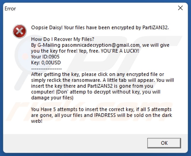 PartiZAN32 ransomware error window