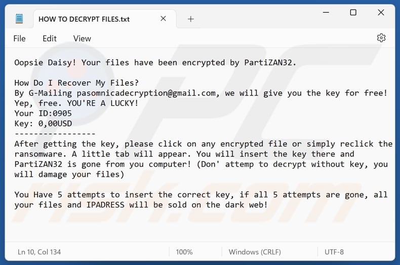 PartiZAN32 ransomware text file (HOW TO DECRYPT FILES.txt)