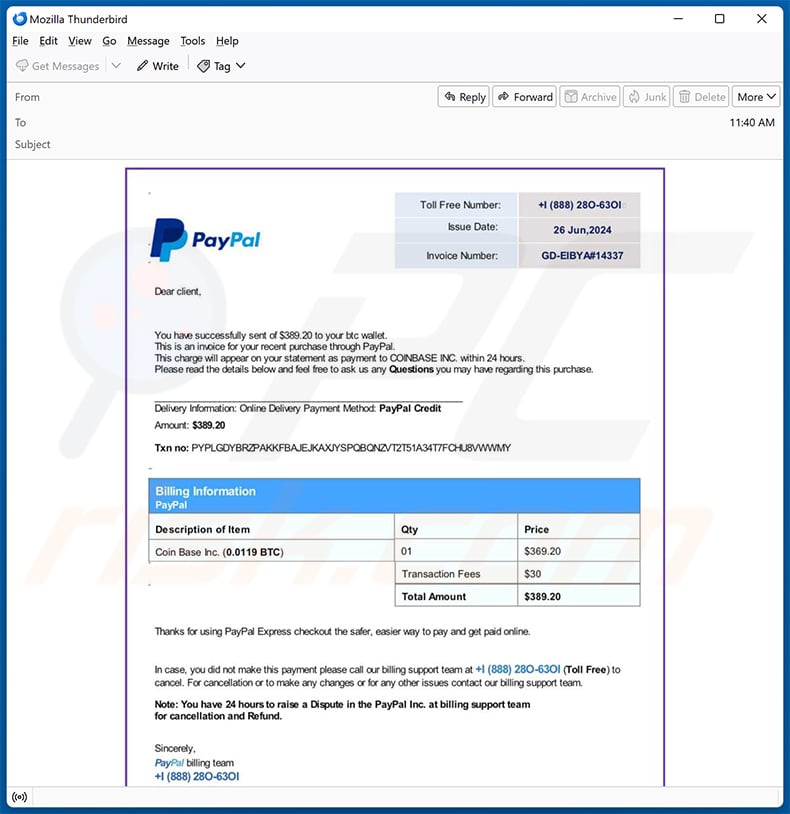 PayPal Crypto Purchase Invoice email scam (2024-06-27)