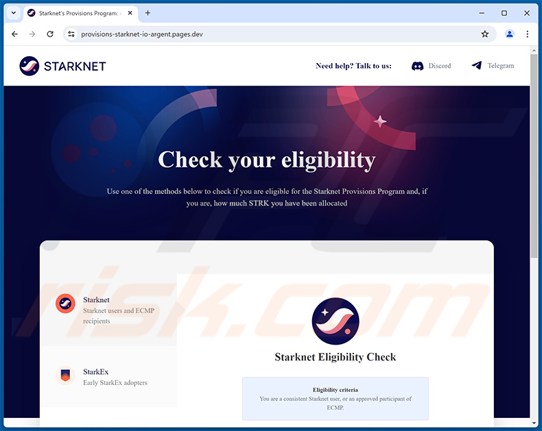 Starknet giveaway-themed scam website