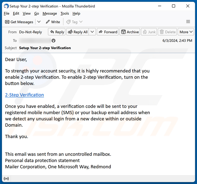Two-Factor Verification email scam (2024-06-04)