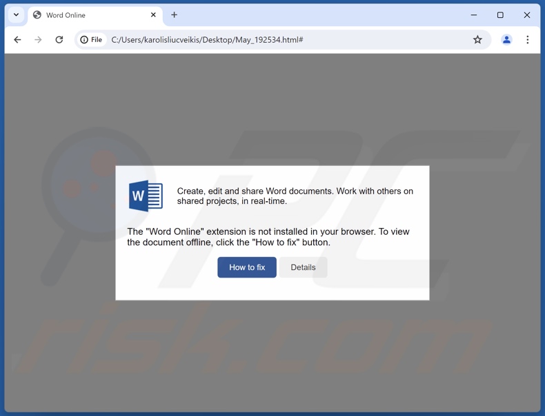 Word Online Extension Is Not Installed scam file initial fake pop-up
