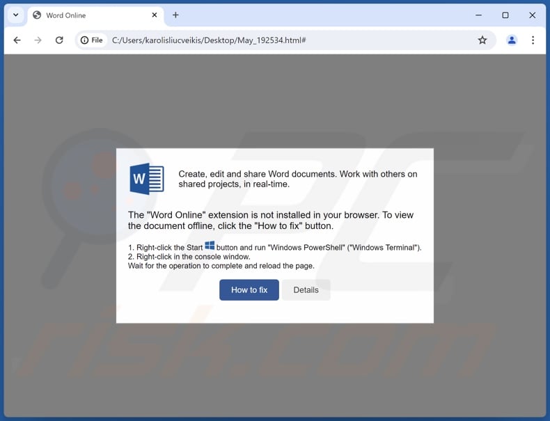 Word Online Extension Is Not Installed scam file second pop-up