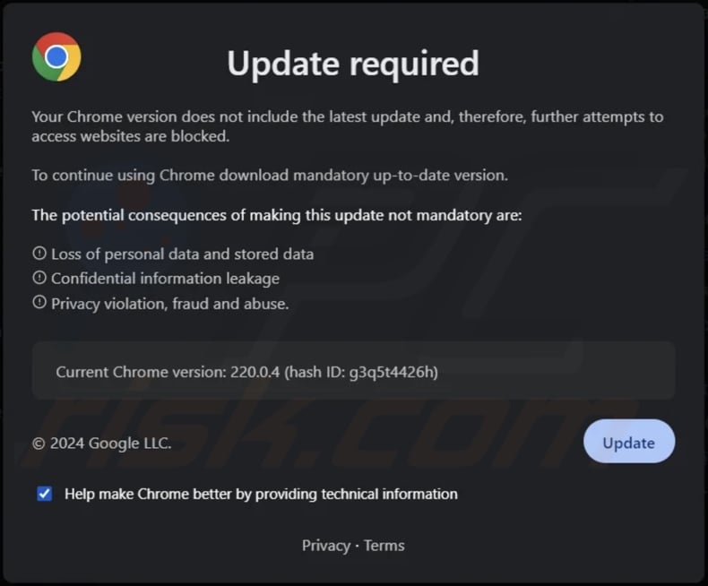 Your Chrome Version Does Not Include The Latest Update pop-up scam