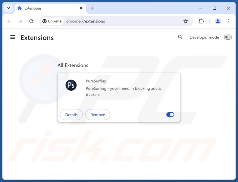 Appearance of PureSurfing browser extension that displays the Your Chrome Version Does Not Include The Latest Update pop-up scam (GIF)