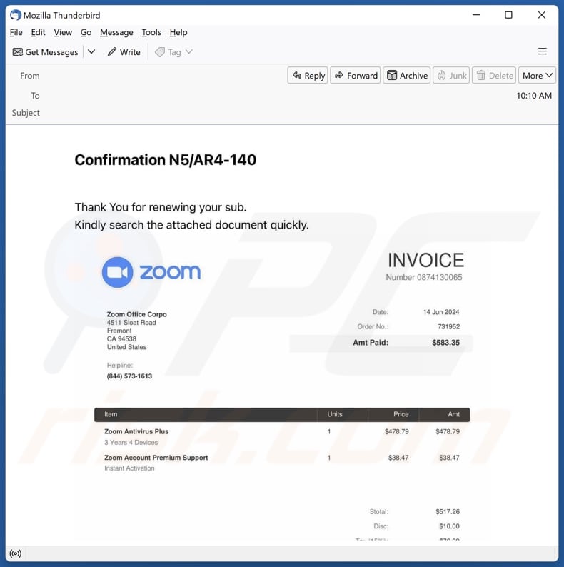 Zoom Antivirus Plus Subscription email spam campaign
