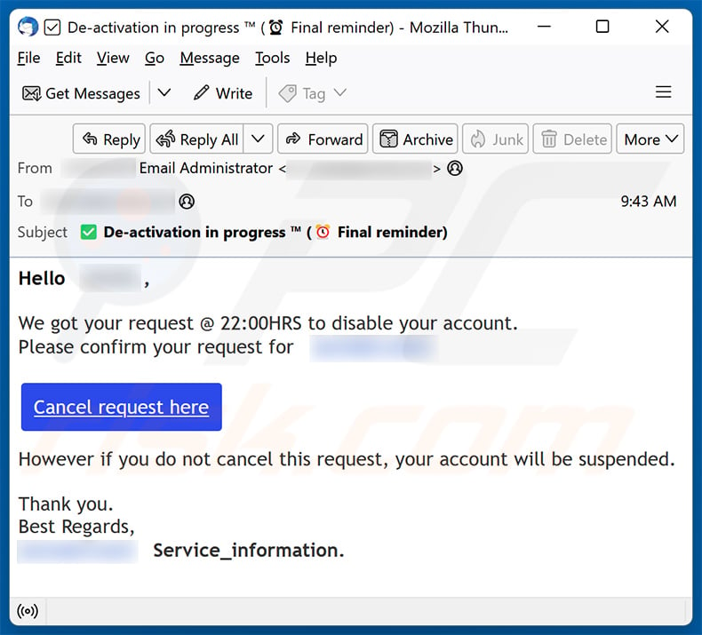 A Request To Disable Your Email Has Been Received scam (2024-07-01)