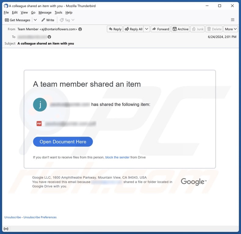 A Team Member Shared An Item email spam campaign