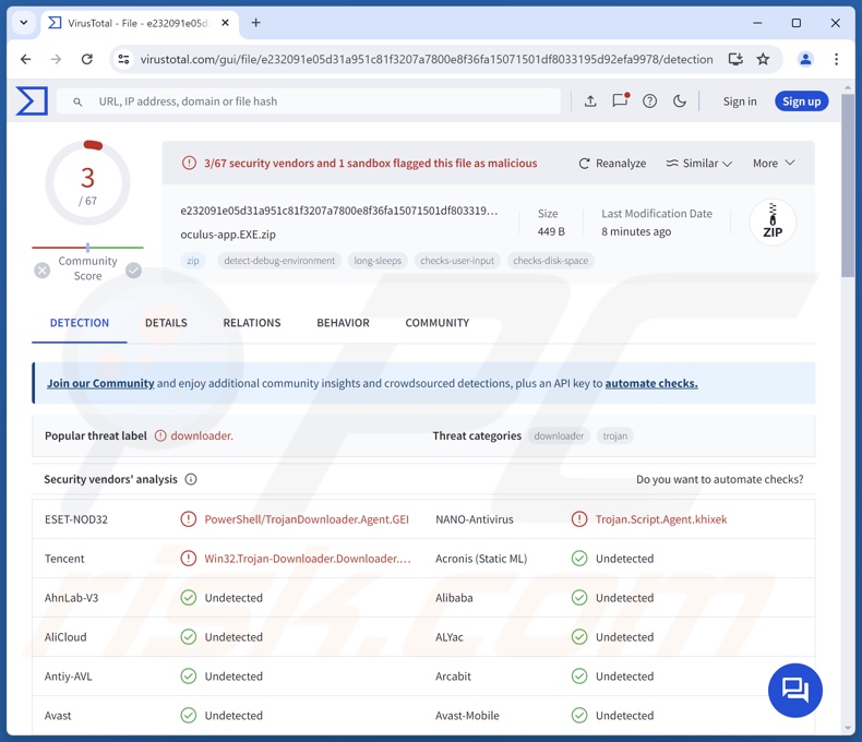 AdsExhaust adware detections on VirusTotal