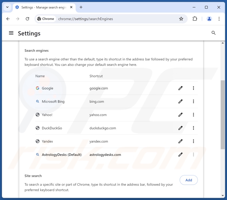 Removing astrologydesks.com from Google Chrome default search engine