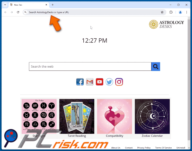 AstrologyDesks browser hijacker redirecting to Bing (GIF)