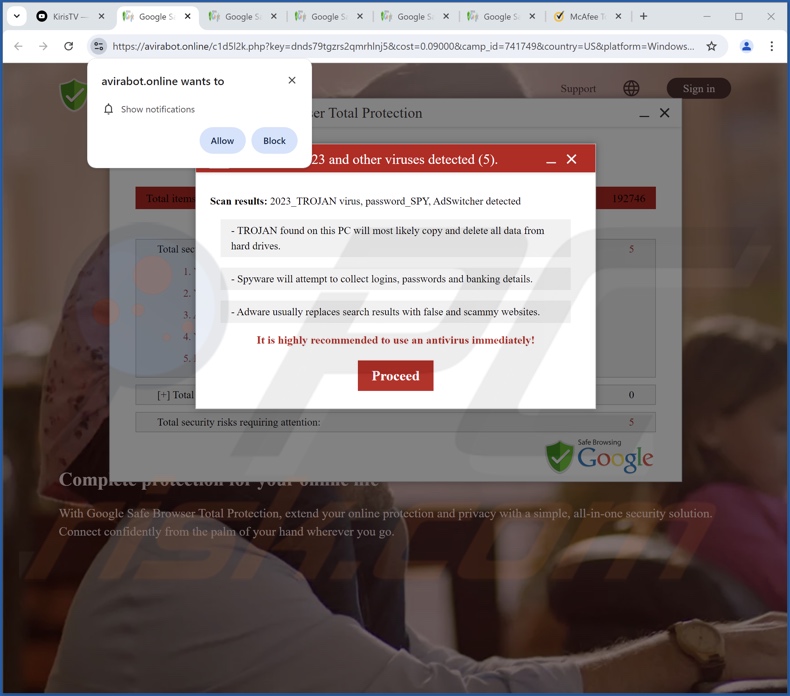 avirabot[.]online pop-up redirects