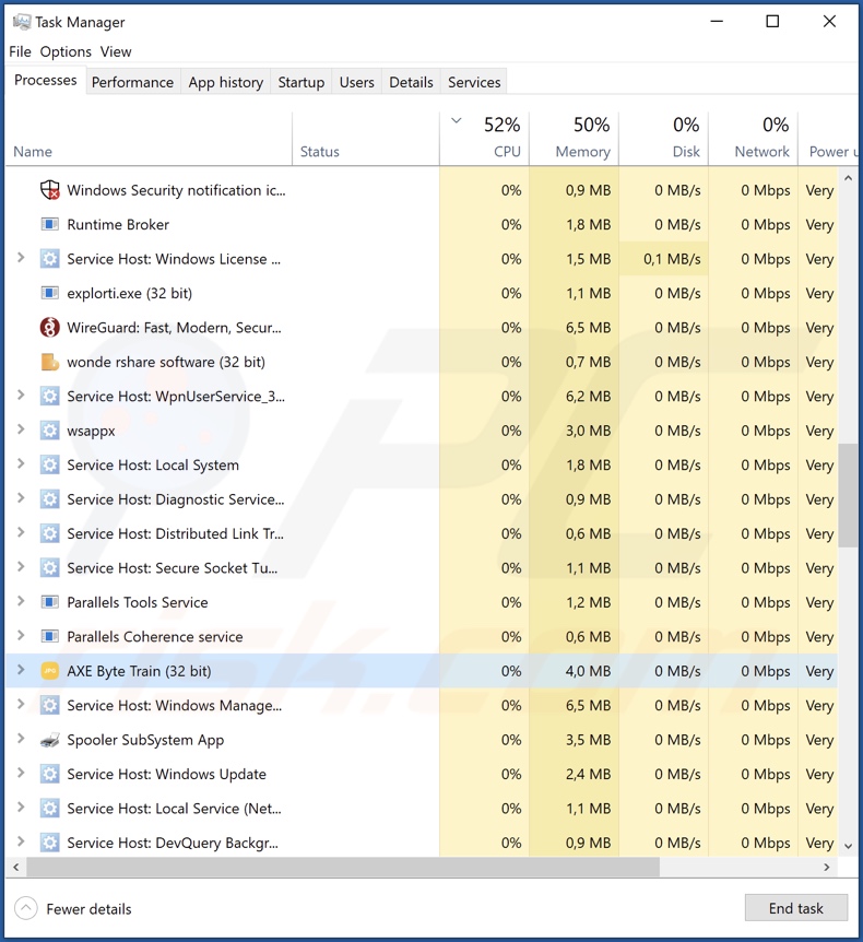 AXE Byte Train PUA process on Task Manager (AXE Byte Train - process name)