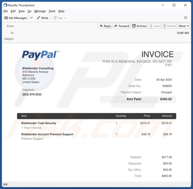 Bitdefender Subscription Renewal Email Scam second variant